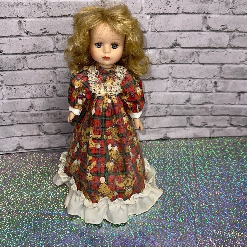 Christmas Tree Topper Porcelain Doll 12 in Blonde Hair Plaid Teddy Bear Dress
